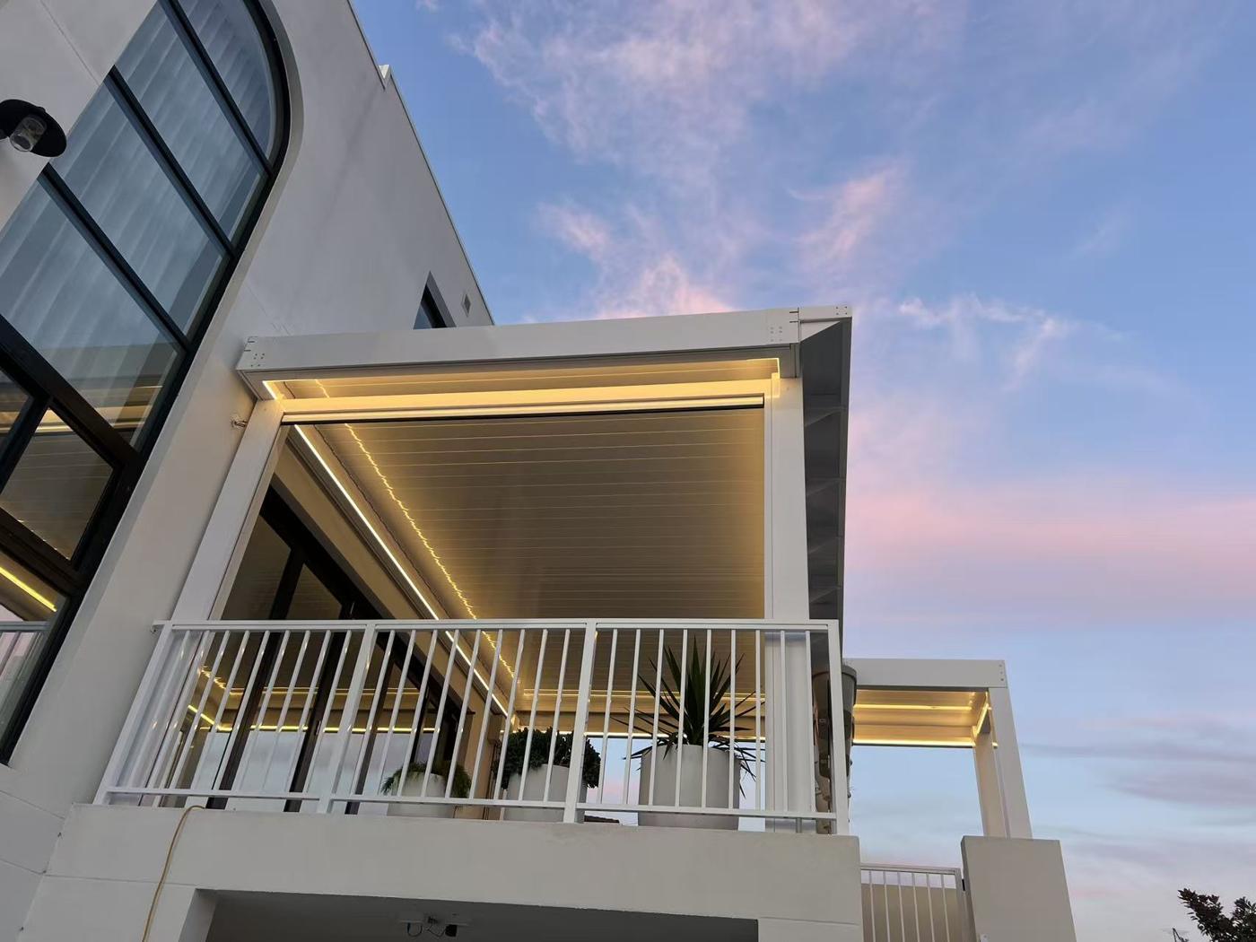 Balcony Louvre Pergola at Dusk installation Sydney — Sword Sky outdoor structure installer