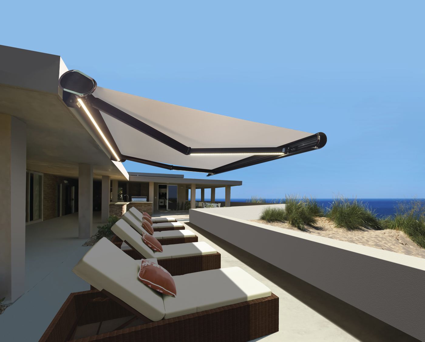 Motorised Folding-Arm Awning with LED Lighting installation Sydney — Sword Sky outdoor structure installer